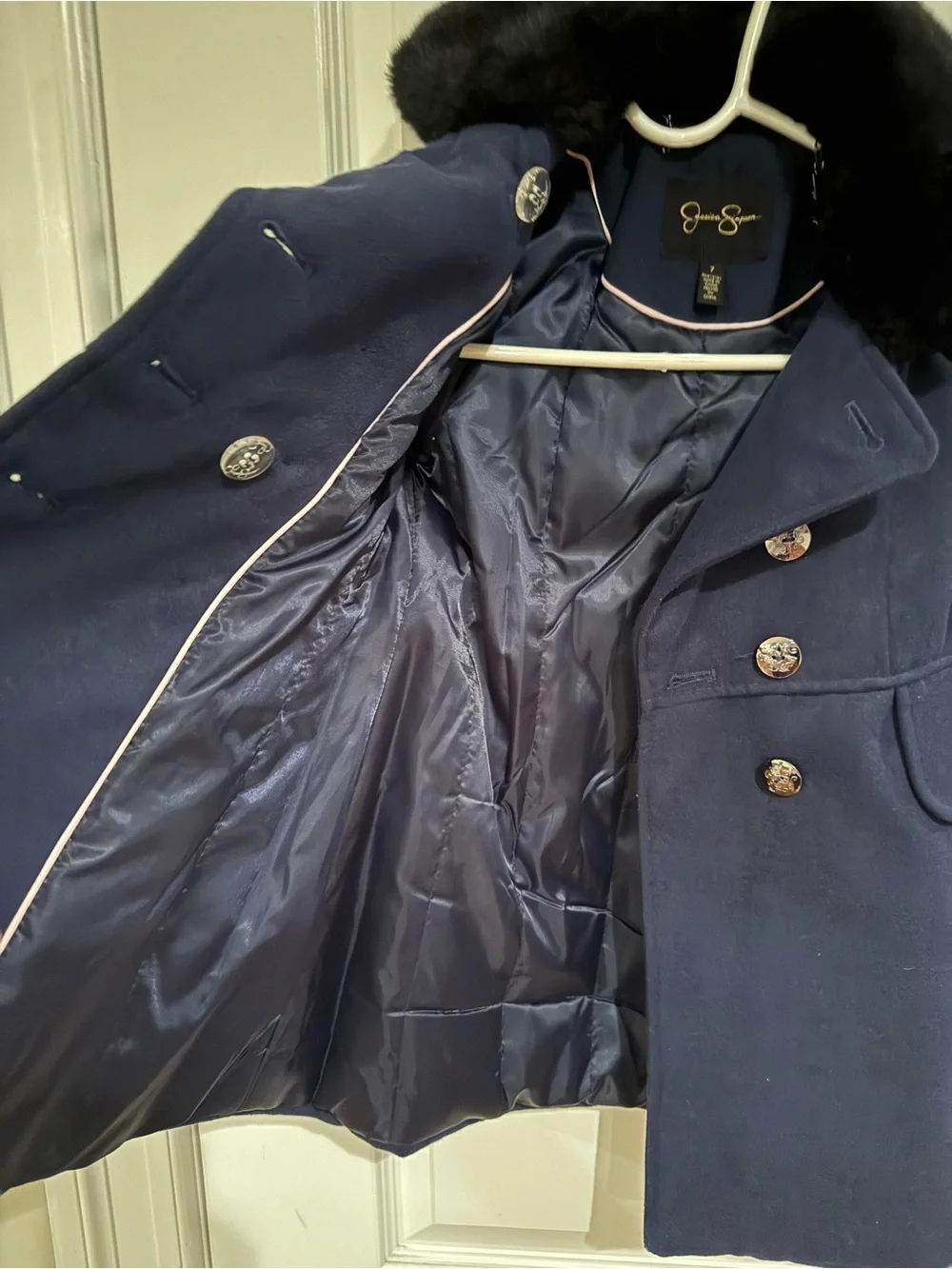 Jessica Simpson Navy Pea Coat with Black Faux-Fur Collar